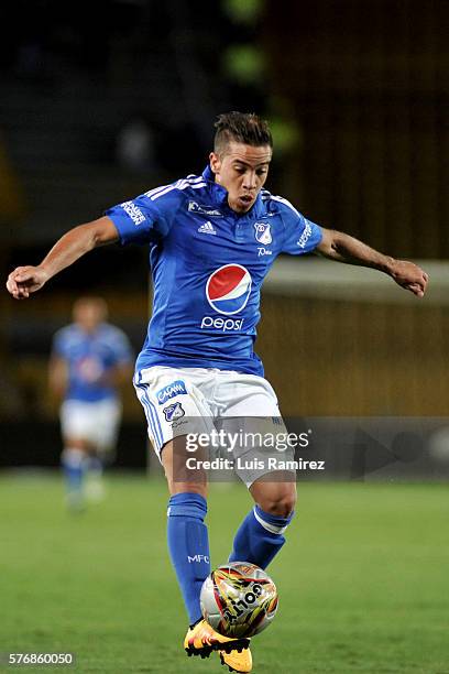 Maximiliano Nuñez of Millonarios plays the ball during a match between Millonarios and Alianza Petrolera as part of fourth round of Liga Aguila II...