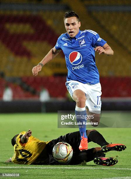 Henry Rojas of Millonarios vies for the ball with Nelson Barahona of Alianza Petrolera, during a match between Millonarios and Alianza Petrolera as...