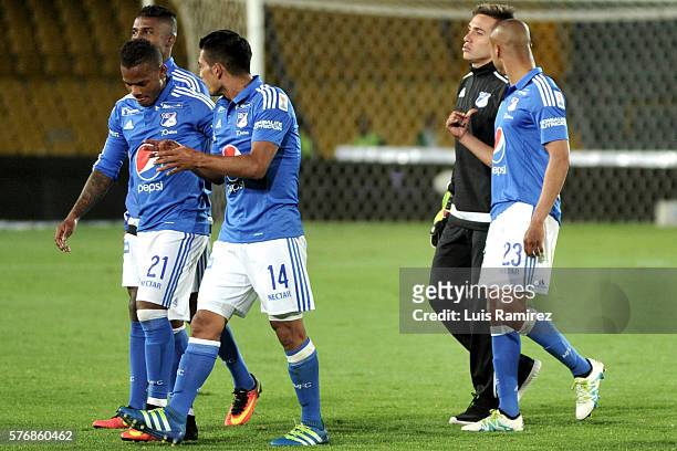 Players of Millonarios leave the field during a match between Millonarios and Alianza Petrolera as part of fourth round of Liga Aguila II 2016 at...