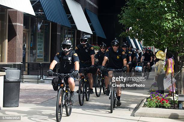 Cleveland police officers block an intersection during a demonstration near the site of the Republican National Convention on July 17, 2016 in...