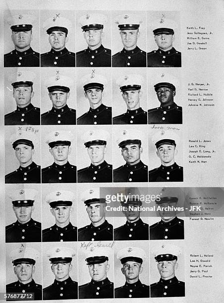 Page from a U.S. Marine Corps yearbook including Lee Harvey Oswald, second from left, bottom row.