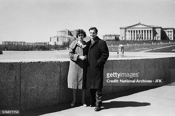 Marina Nikolayevna Prusakova and Lee Harvey Oswald stand in a park in Russia. The couple would wed and move to the United States.