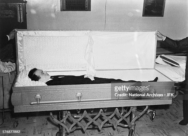 The body of Lee Harvey Oswald lies in a casket at Parkland Morgue in Dallas, Texas.