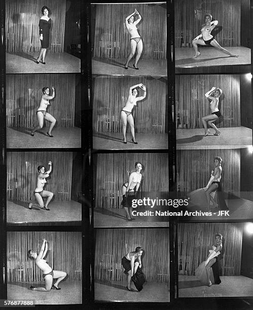 Contact sheet shows a women learning to strip at Jack Ruby's Carousel Club in Dallas, Texas.