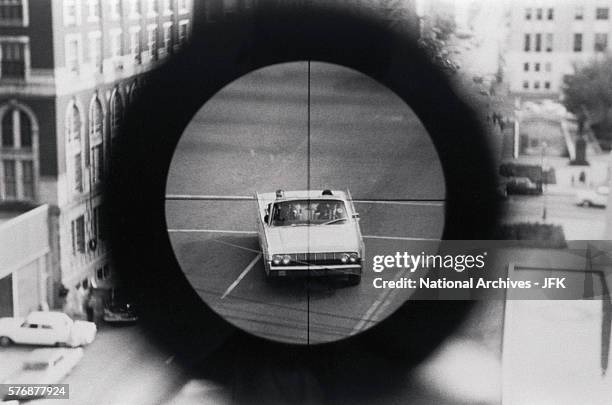 View from the Texas Book Depository of the Dallas Police reenacting the assassination of John Fitzgerald Kennedy.