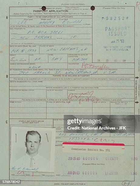 Front page of a passport application for Lee Harvey Oswald dated June 1963. This application was submitted as evidence to the Warren Commission for...