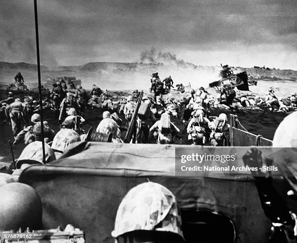 Members of the Marine's 4th Division begin an attack on an Iwo Jima beach.