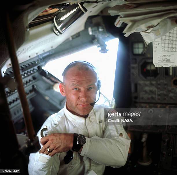 Portrait of Buzz Aldrin aboard the Lunar Module Eagle on the lunar surface just after the first moon walk.