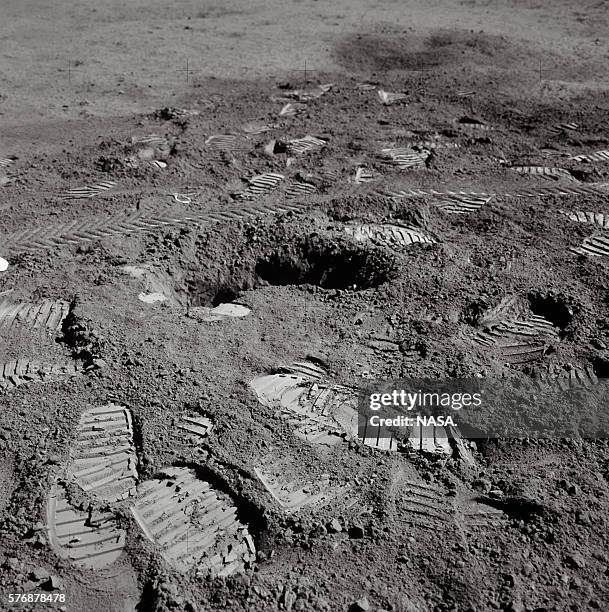 Footprints on the surface of the Moon left by members of the Apollo 15 mission.