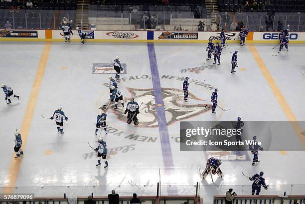 Rochester Americans and the Cleveland Barons test out the blue ice and the new color scheme at the HSBC arena. The experiment has the regular blue...