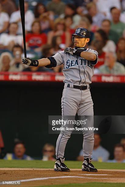Ichiro Suzuki of the Seattle Mariners during a game against the Los Angeles Angels at Angels Stadium in Anaheim, CA.