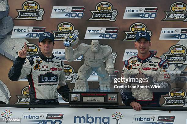 Jimmie Johnson and crew chief Chad Knaus after winning the MBNA Racepoints 400. NASCAR Nextel Cup Series Dover International Speedway, Dover,...