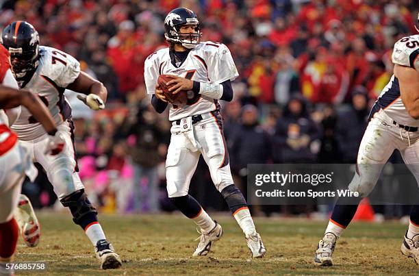 Broncos quarterback Jake Plummer looks to pass the ball in the second half of the Kansas City Chiefs win 31-27 over the Denver Broncos at Arrowhead...