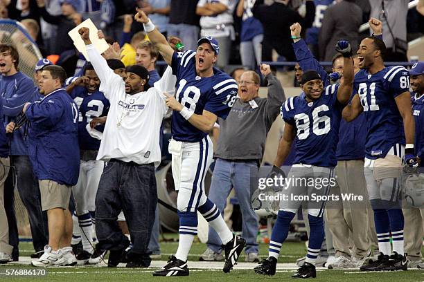 Colts starting quarterback Peyton Manning and the team bench celebrate their win. The Indianapolis Colts defeated the Arizona Cardinals 17-13 at the...