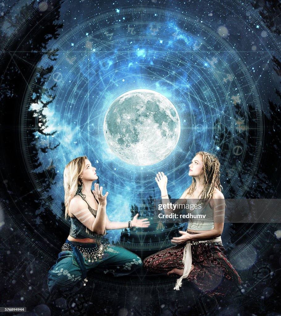 Two Beautiful Young Women Digital Shamanism Concept