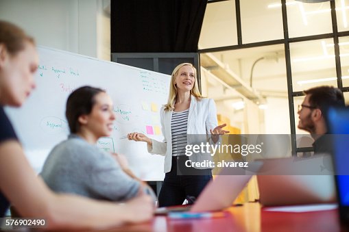 Businesswoman giving presentation on future plans to colleagues Businesswoman giving presentation on future plans to colleagues