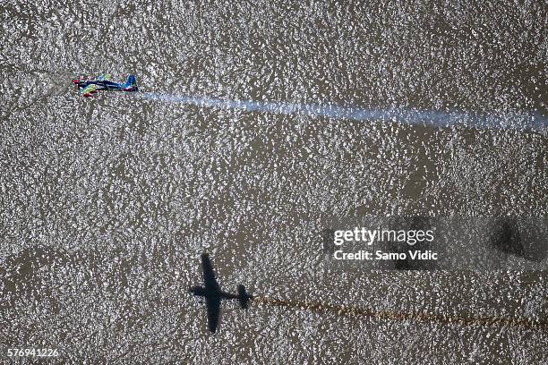 Petr Kopfstein of Czech Republic performs during the training for the fourth stage of the Red Bull Air Race World Championship on July 15, 2016 in...