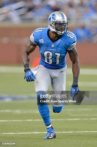 Detroit Lions wide receiver Calvin Johnson in game action. The Detroit Lions defeated the St. Louis Rams by the score of 27-23 at Ford Field, in...