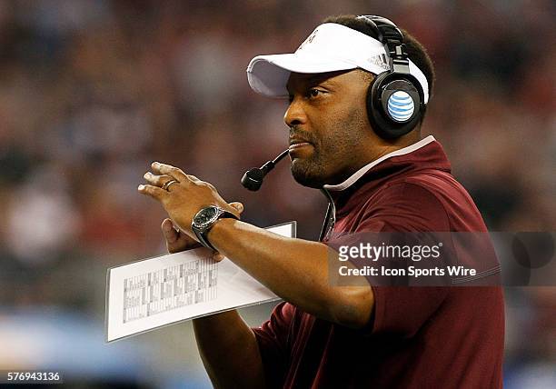 Texas A&M Aggies head coach Kevin Sumlin wants a timeout during the 2013 AT&T Cotton Bowl game between the Texas A&M Aggies and Oklahoma Sooners...