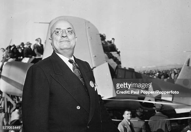 American industrialist and owner of Kaiser Shipyards, Henry J Kaiser pictured visiting Brewster Air Carnival in the United States circa 1950.