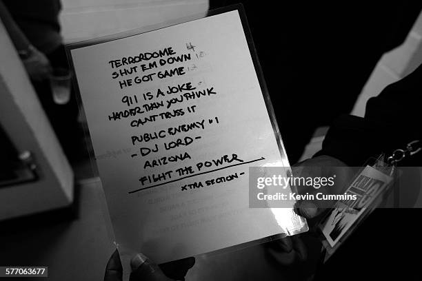 Public Enemy setlist backstage on the Don't Look Back tour, UEA, Norwich, United Kingdom, 22 May 2008.
