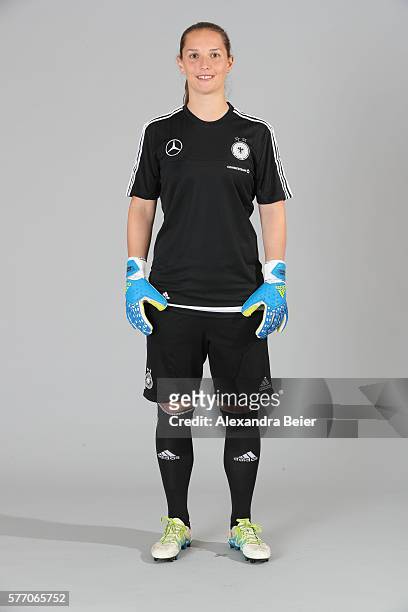 Goalkeeper Laura Benkarth of the German women's national football team poses during the team presentation on June 21, 2016 in Grassau, Germany.
