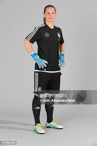 Goalkeeper Laura Benkarth of the German women's national football team poses during the team presentation on June 21, 2016 in Grassau, Germany.