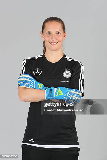 Goalkeeper Laura Benkarth of the German women's national football team poses during the team presentation on June 21, 2016 in Grassau, Germany.