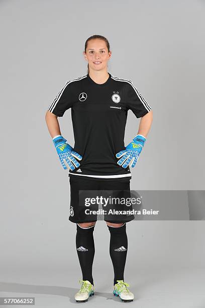 Goalkeeper Laura Benkarth of the German women's national football team poses during the team presentation on June 21, 2016 in Grassau, Germany.