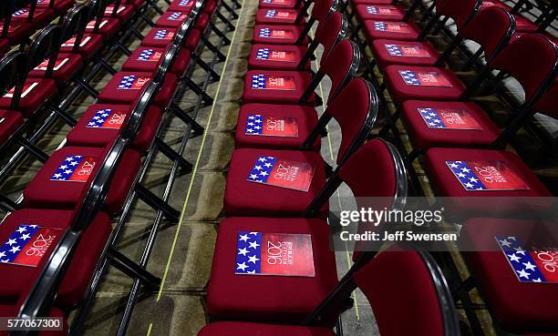 The formal printed 2016 Republican platform sits on the chairs of the state delegates on the floor of the Republican National Convention the morning...