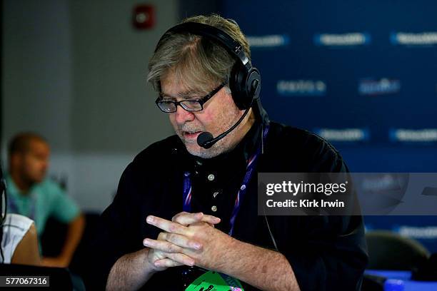 Stephen K. Bannon takes calls while hosting Brietbart News Daily on SiriusXM Patriot at Quicken Loans Arena on July 18, 2016 in Cleveland, Ohio.