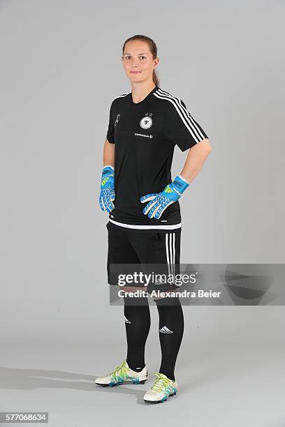 Goalkeeper Laura Benkarth of the German women's national football team poses during the team presentation on June 21, 2016 in Grassau, Germany.