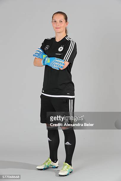 Goalkeeper Laura Benkarth of the German women's national football team poses during the team presentation on June 21, 2016 in Grassau, Germany.