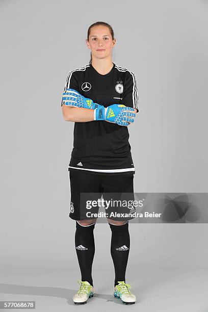 Goalkeeper Laura Benkarth of the German women's national football team poses during the team presentation on June 21, 2016 in Grassau, Germany.