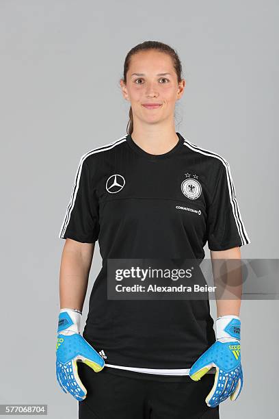 Goalkeeper Laura Benkarth of the German women's national football team poses during the team presentation on June 21, 2016 in Grassau, Germany.