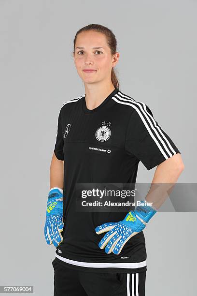 Goalkeeper Laura Benkarth of the German women's national football team poses during the team presentation on June 21, 2016 in Grassau, Germany.