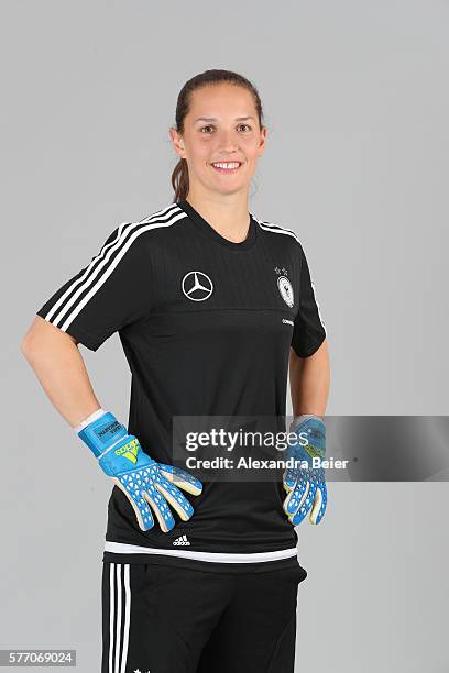 Goalkeeper Laura Benkarth of the German women's national football team poses during the team presentation on June 21, 2016 in Grassau, Germany.