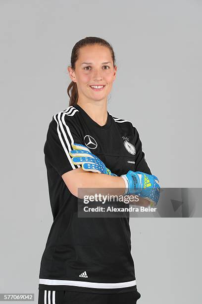 Goalkeeper Laura Benkarth of the German women's national football team poses during the team presentation on June 21, 2016 in Grassau, Germany.