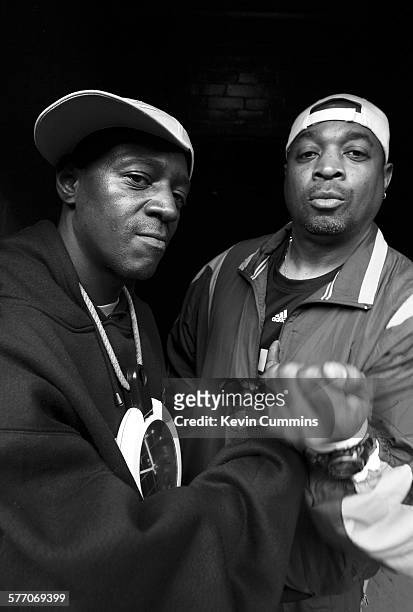 Flavor Flav and Chuck D of Public Enemy, portrait, on the Don't Look Back tour, Cambridge, United Kingdom, 24 May 2008.