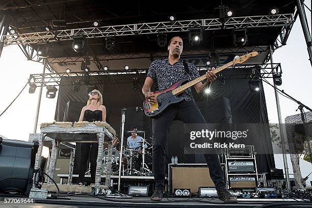 Musician/vocalist Emily Haines and bassist Joshua Winstead of Metric perform onstage during Float Fest at Cool River Ranch on July 16, 2016 in...