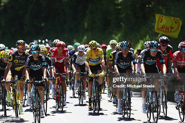 Yellow jersey race leader Chris Froome of Great Britain and Team Sky isprotected by team mates during the 209 kms stage 16 of Le Tour de France from...