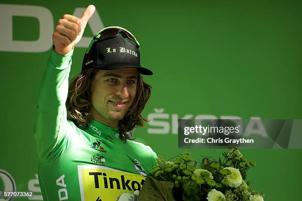 Peter Sagan of Slovakia riding for Tinkoff poses on the podium in the points jersey following his win in stage 16 of the 2016 Le Tour de France, a...