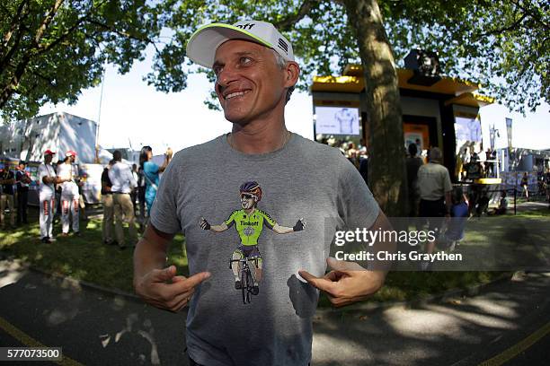 Team owner Oleg Tinkov points to his shirt with Peter Sagan of Slovakia riding for Tinkoff after stage 16 of the 2016 Le Tour de France, a 209km...