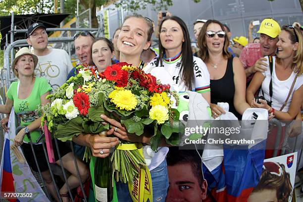 Katarina Sagan, wife of Peter Sagan of Slovakia riding for Tinkoff poses with fans following stage 16 of the 2016 Le Tour de France, a 209km stage...