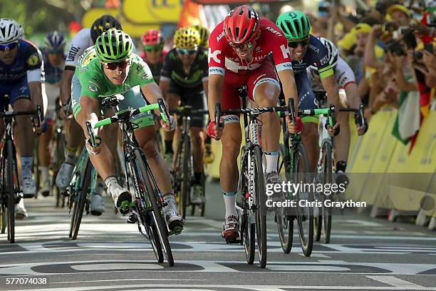 Peter Sagan of Slovakia riding for Tinkoff our sprints Alexander Kristoff of Norway riding for Team Katusha to win stage 16 of the 2016 Le Tour de...