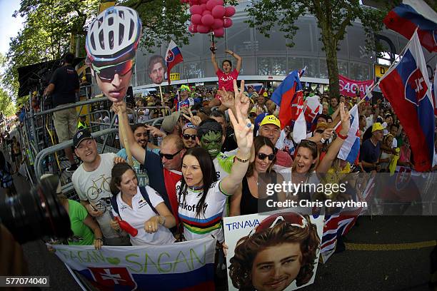 Fans of Peter Sagan of Slovakia riding for Tinkoff cheer after his win in stage 16 of the 2016 Le Tour de France, a 209km stage from...