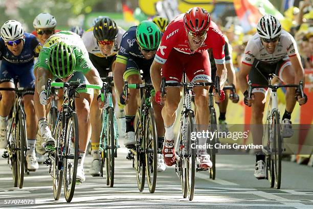 Peter Sagan of Slovakia riding for Tinkoff our sprints Alexander Kristoff of Norway riding for Team Katusha to win stage 16 of the 2016 Le Tour de...