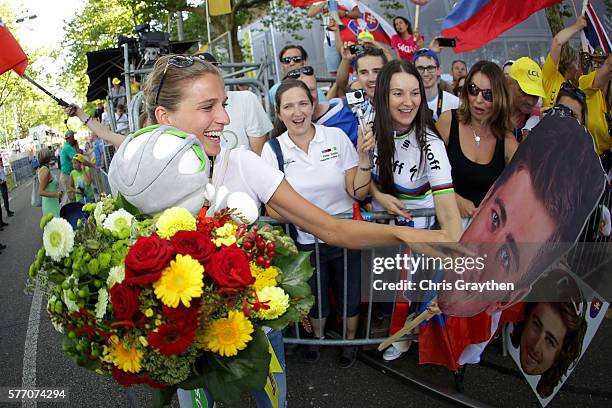 Katarina Sagan, wife of Peter Sagan of Slovakia riding for Tinkoff poses with fans following stage 16 of the 2016 Le Tour de France, a 209km stage...