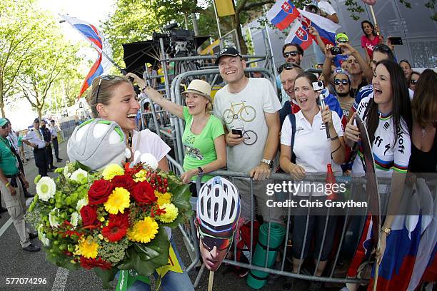 Katarina Sagan, wife of Peter Sagan of Slovakia riding for Tinkoff poses with fans following stage 16 of the 2016 Le Tour de France, a 209km stage...