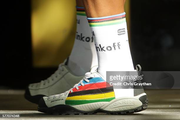 Peter Sagan of Slovakia riding for Tinkoff poses for a photo on the podium after winning stage 16 of the 2016 Le Tour de France, a 209km stage from...